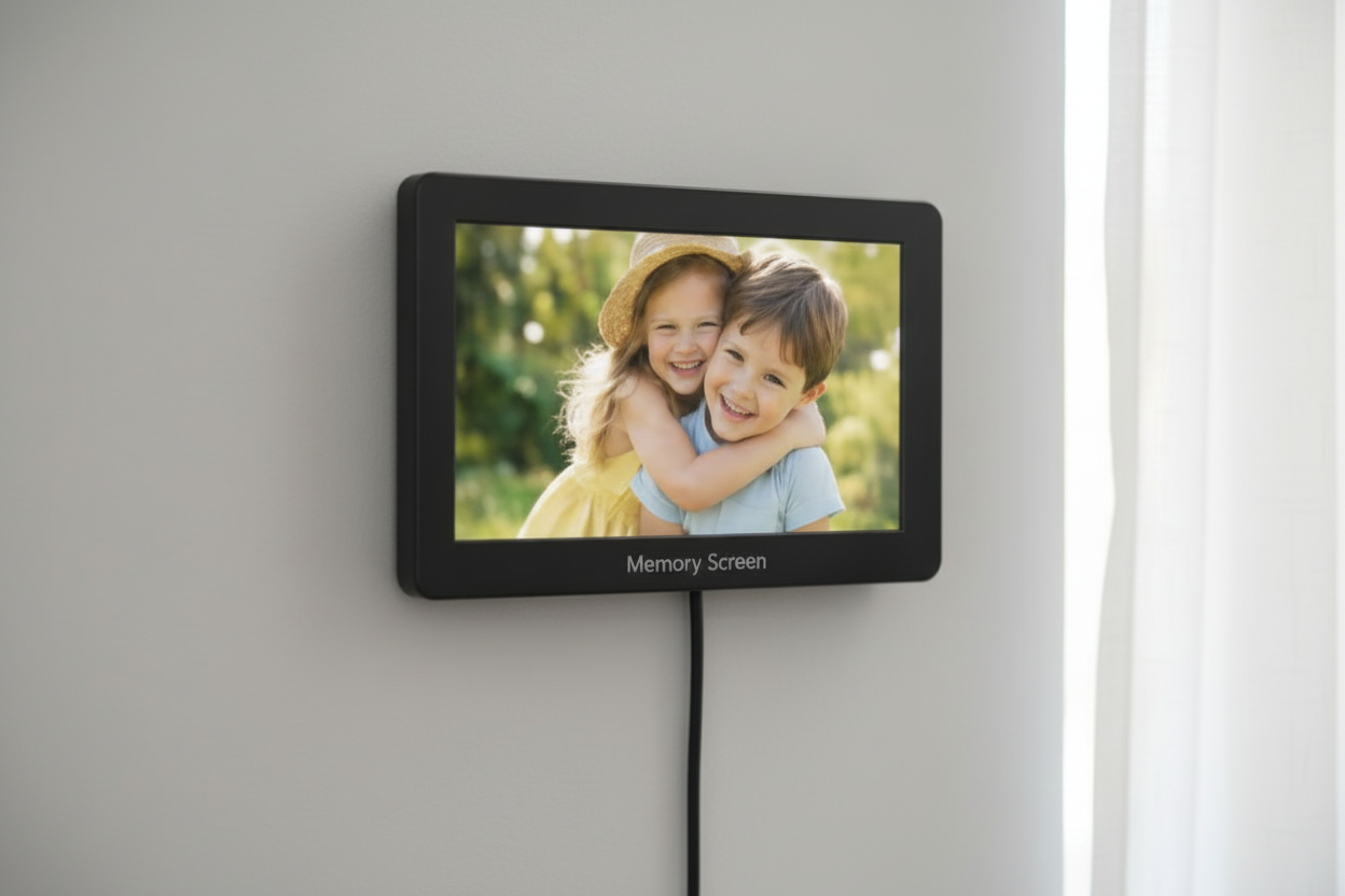Digital photo frame on a stainless steel refrigerator displaying a picture of two children.