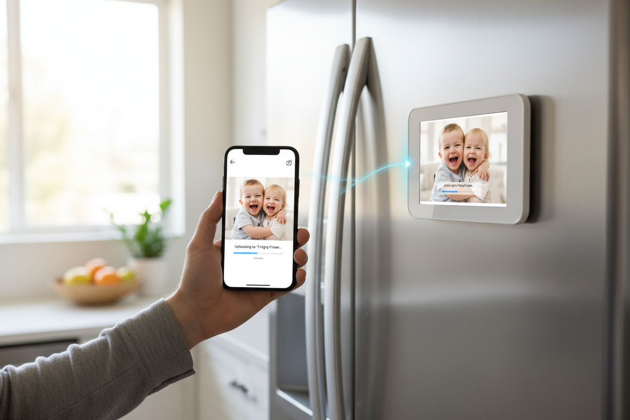 A hand holding a phone in front of a fridge with only a white digital photo frame attached to it. The hand is uploading a photo from the phone of two toddlers (a brother and a sister) smiling, and it is appearing on the white digital photo frame.