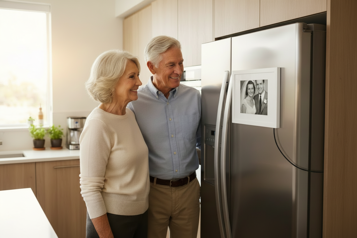 Create a photo of a white digital photo frame attached to a refrigerator in a modern kitchen while an elderly couple looks at their wedding photo (when they were younger) through the digital photo frame and smiles nostalgically
