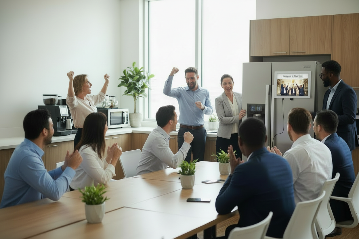 Have some people sitting on some of the chairs while also reacting to the photo on the fridge