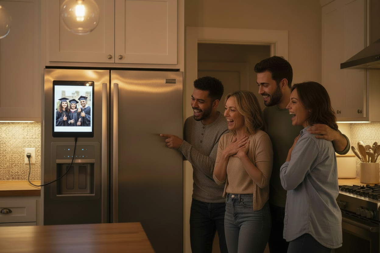 Image of a social gathering in a kitchen of about 4-6 people (men, women, late 20s - mid 30s, different races). The group is looking at a photo on a digital photo frame attached to the refrigerator in the kitchen of a group photo that all (or some) of them took during their university graduation and they're having nostalgic reactions to it. The time should be late evening to early night (about 9:30PMish)